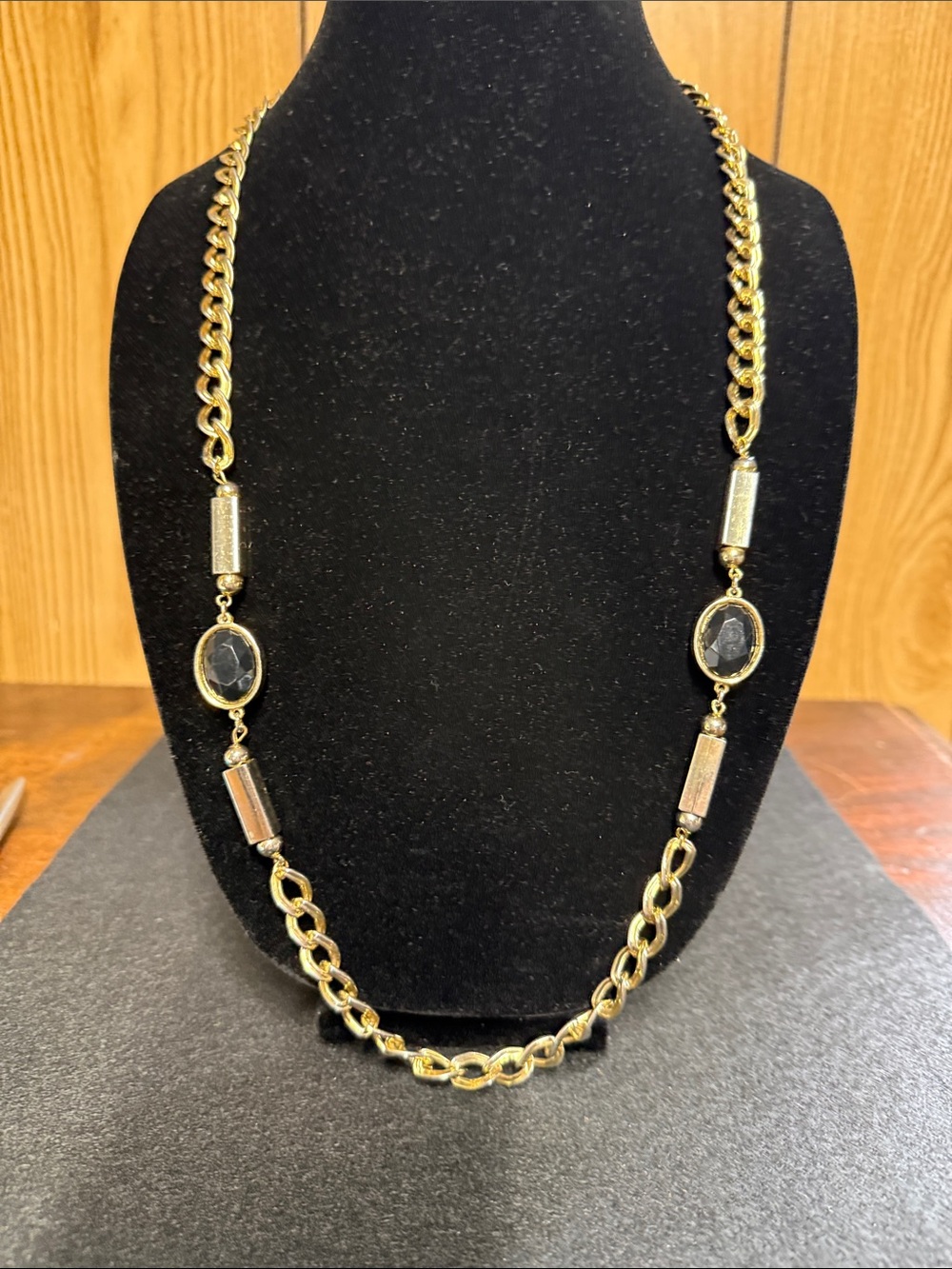 Gold-Tone Long Chain Necklace with Black Stone Accents - Women Jewelry